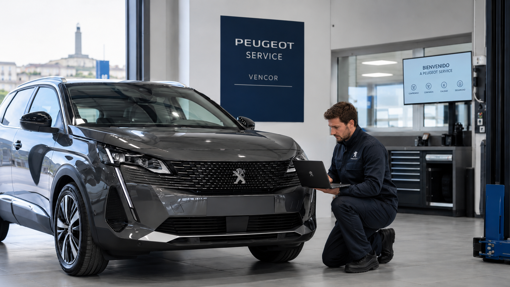 Técnico de Servicio Oficial Peugeot realizando una campaña de seguridad en un vehículo en A Coruña.